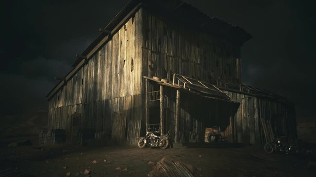 Deserted barn at dusk on prairie, side perspective shows sagging roof, scattered fence posts, old cart and brooding clouds, warm rim light and quiet frontier