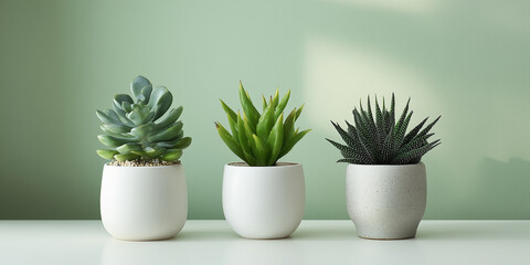 Obraz premium Collection of succulent plants in white pots on wooden shelf