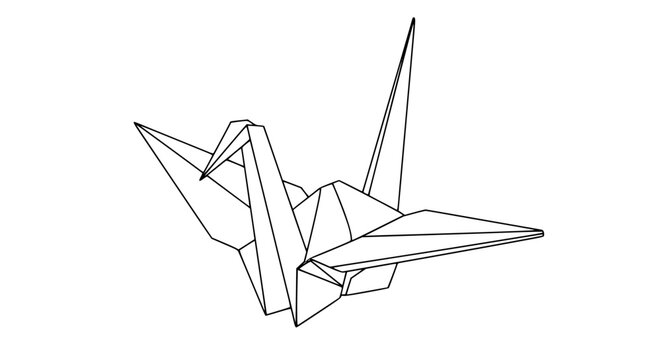 origami crane line art, black outline vector, minimal stroke, geometric folded paper style, isolated on white background, clean vector illustration