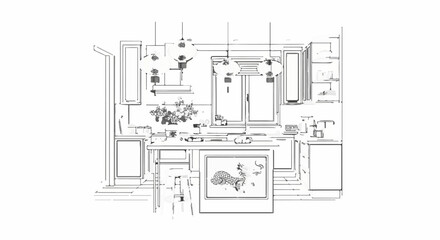 Stylized line drawing of a kitchen with hanging lanterns and a framed fish image