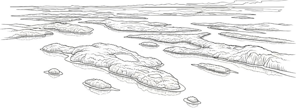Stylized pen and ink drawing of a vast archipelago with islands of varying sizes