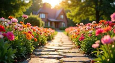 Fototapeta premium Pathway with flowers in the foreground