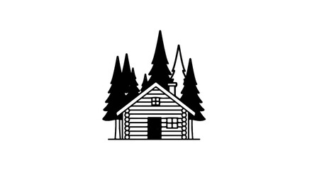 Fototapeta premium Stylized log cabin with pine trees silhouette