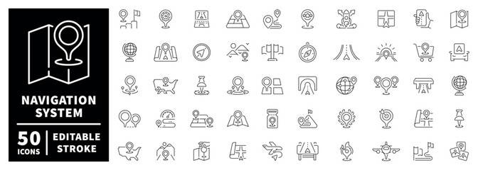 Fototapeta premium Navigation icons set with editable stroke. outline style thin line symbols for maps and directions.