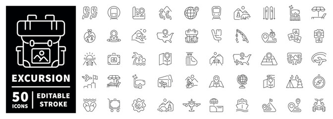 Excursion outline icon set: 50 editable stroke icons in thin line style for travel adventures © Jocelyn_Flores