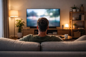 Obraz premium Man watching television at home entertainment evening lifestyle