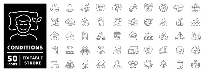 Obraz premium Weather and ecology outline icon set: thin line editable stroke symbols for environmental concepts