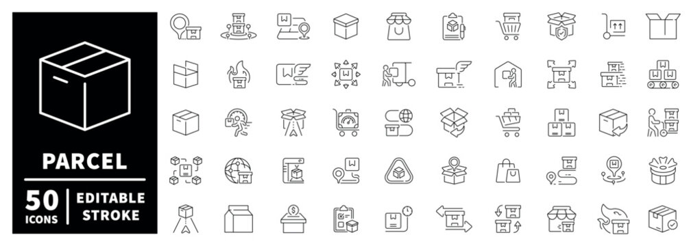 Parcel delivery outline icon set with editable stroke in thin line style