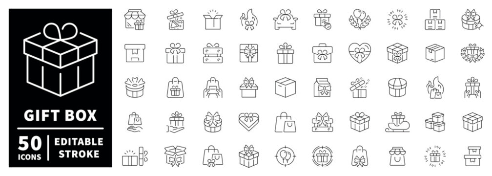 Gift box outline icon set with editable stroke: 50 thin line gift icons
