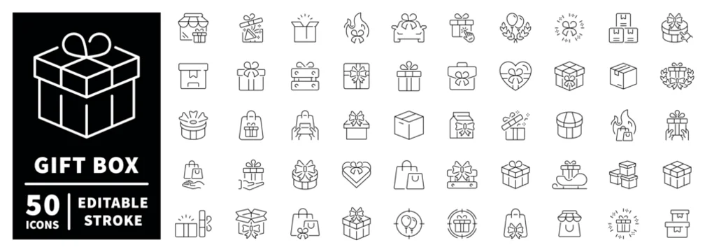 Gift box outline icon set with editable stroke: 50 thin line gift icons