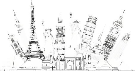 Fototapeta premium Stylized monochrome illustration of world landmarks in a collage with varied angles