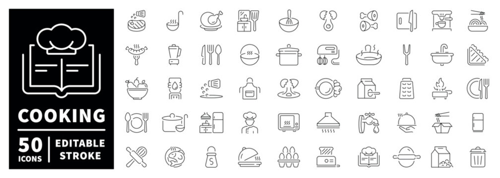 Cooking outline icon set: editable stroke thin line kitchen tools and food symbols