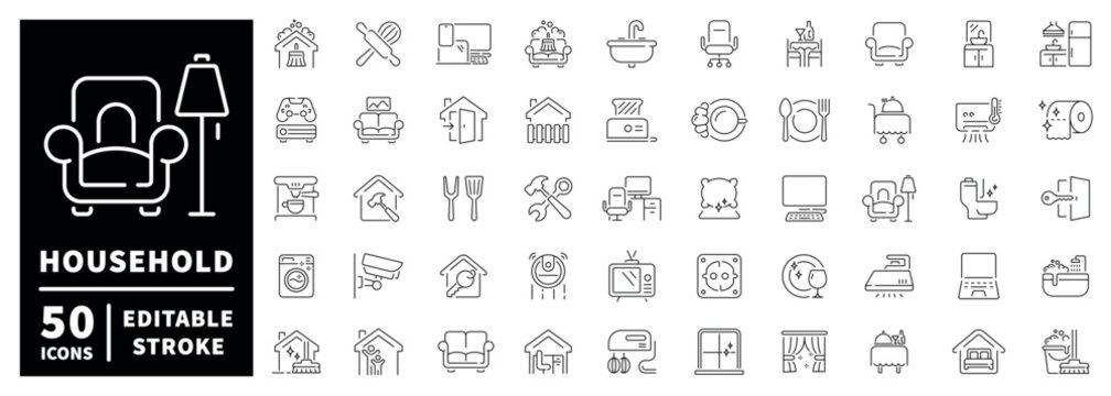 Household outline icon set. editable stroke thin line style for home and appliance symbols