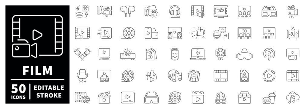 Film and cinema outline icon set with editable stroke in modern thin line style