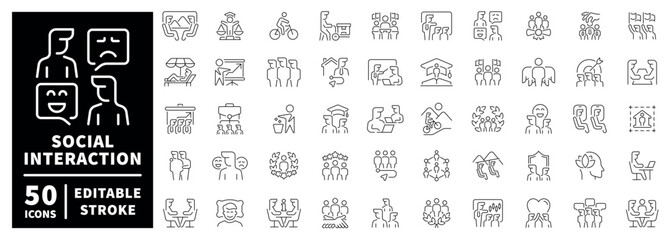 Fototapeta premium Social interaction outline icon set with editable stroke in linear thin line style