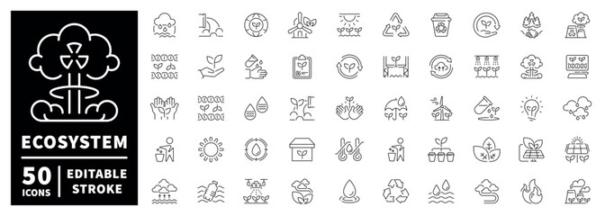 Naklejka premium Ecosystem outline icon set with editable stroke. modern thin line style for nature and environment symbols.