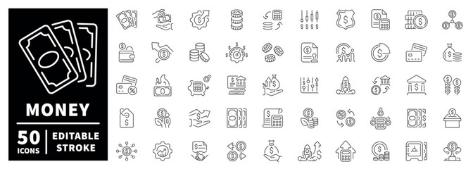 Money outline icon set: editable stroke, thin line financial symbols for business