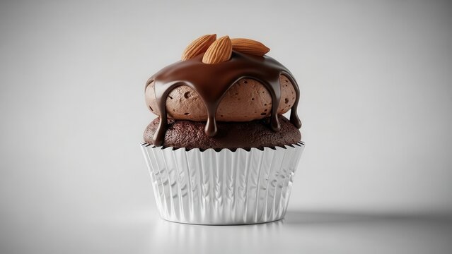 A chocolate cupcake with chocolate frosting and almonds on a gray background