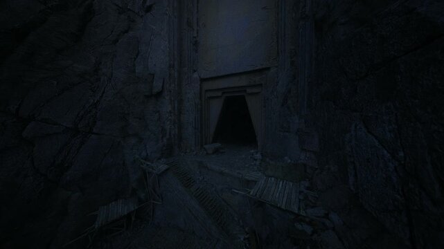 Ancient stone doorway leading into darkness, weathered carvings and collapsed rubble, mosscovered lintel, faint blue ambient glow, oppressive silence
