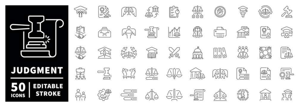 Judgment outline icon set: editable stroke legal and court pictograms in thin line style