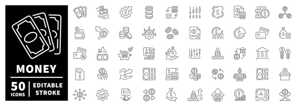 Money outline icon set: editable stroke, thin line financial symbols for business