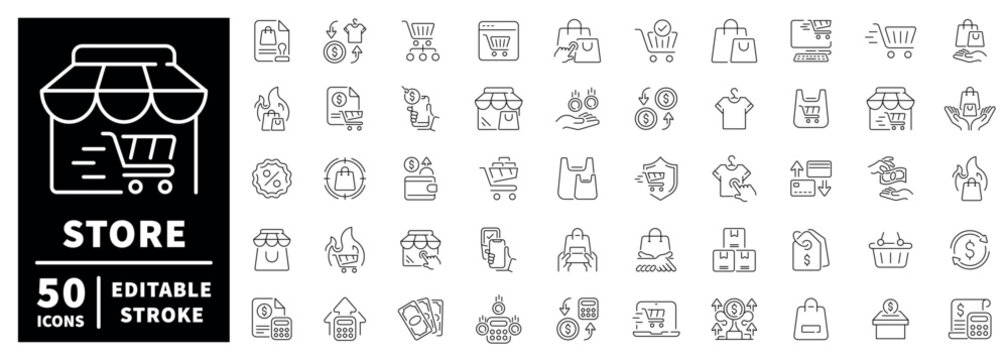 Store and shopping outline icon set: thin line, editable stroke symbols for retail and commerce
