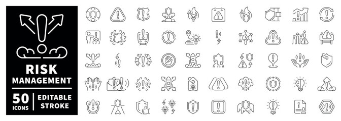 Fototapeta premium Risk management outline icon set with editable stroke in thin line style