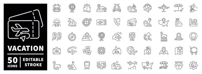 Vacation outline icon set: thin line, editable stroke symbols for travel concepts © Jocelyn_Flores