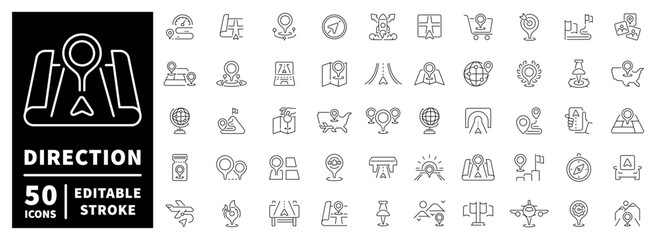 Plakat Direction outline icon set: editable stroke linear map symbols for navigation and travel