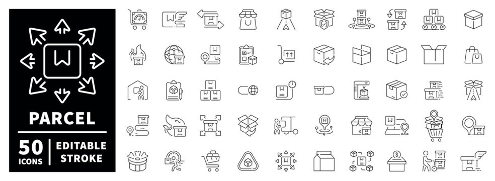 Parcel delivery outline icon set with editable stroke in linear style