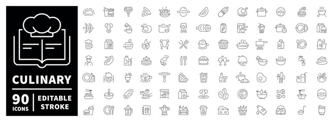 Plakat Culinary outline icon set. editable stroke thin line style of food and kitchen symbols.