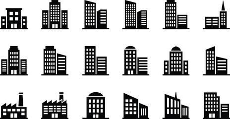 Black vector illustration set of city buildings skyscrapers office blocks and factory icons isolated on white background for urban real estate business designs. © MdRasel