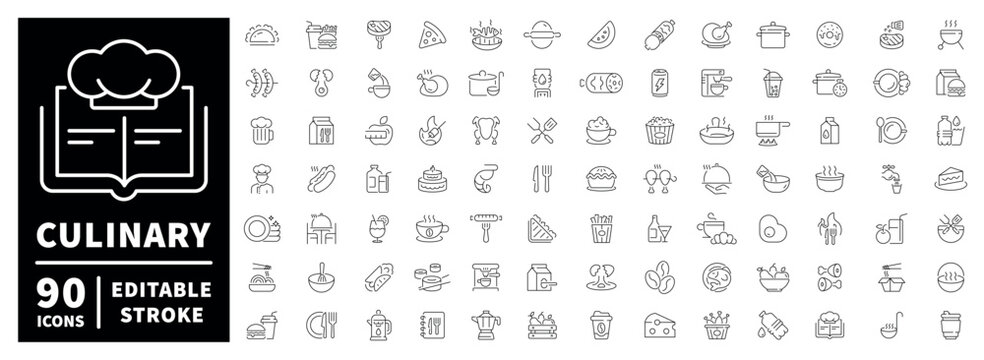 Culinary outline icon set. editable stroke thin line style of food and kitchen symbols.