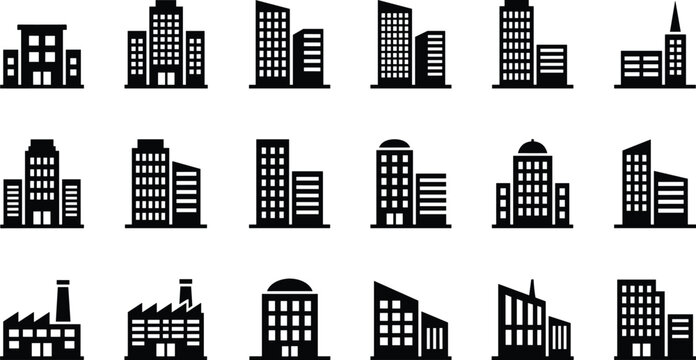 Black vector illustration set of city buildings skyscrapers office blocks and factory icons isolated on white background for urban real estate business designs.