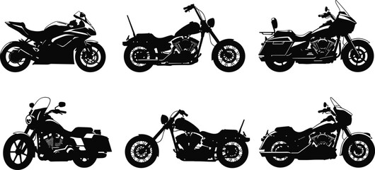 Collection of detailed motorcycle silhouettes featuring sport bikes, classic choppers, and touring cruisers isolated on white background for automotive design and biker club graphics © MdRasel