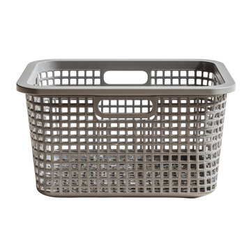 Rectangular, gray plastic laundry basket with openwork design, handles, and a black background