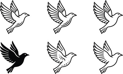 Obraz premium Set of minimalist flying bird icons featuring pigeon and dove silhouettes in line art and solid black styles isolated on a white background.