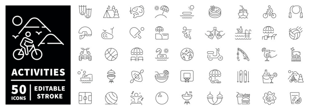 Activities outline icon set: editable stroke thin line style for outdoor and leisure concepts