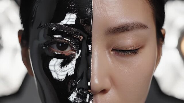 Woman applying shiny silver coating to half her face. Artistic transformation from natural to metallic look. Futuristic beauty experiment with split identity concept.