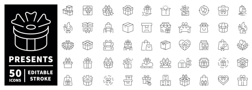 Gift and present outline icon set with editable stroke in thin line style