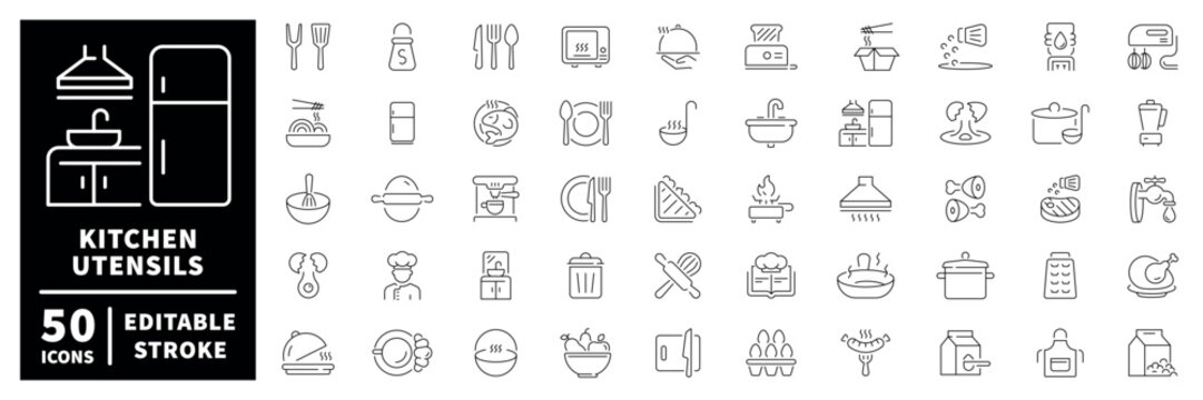 Kitchen utensils outline icon set with editable stroke and thin line style