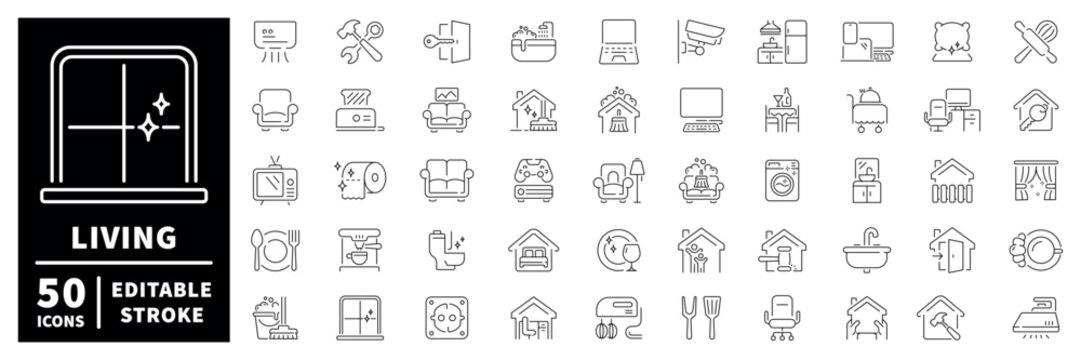 Living room outline icon set. editable stroke for home decor and furniture in thin line style