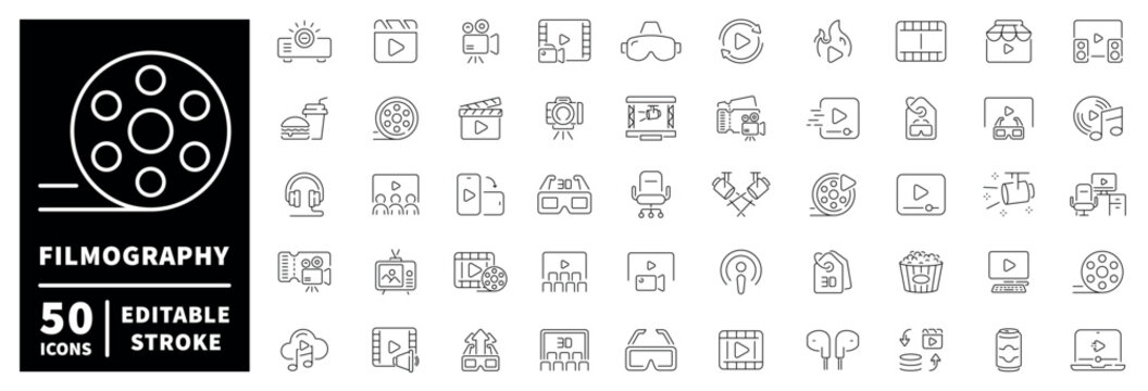 Film and media line icons set. editable stroke for cinema and entertainment in linear thin style