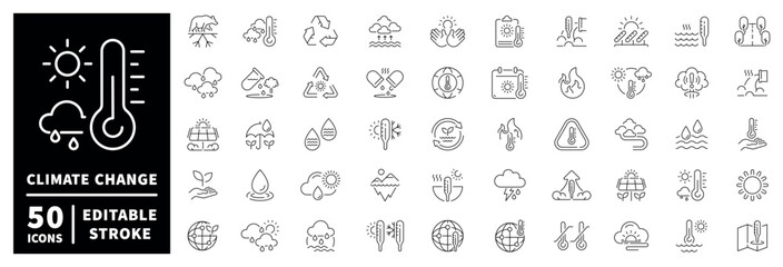Climate change icon set: 50 outline icons with editable stroke in thin line style © Jocelyn_Flores