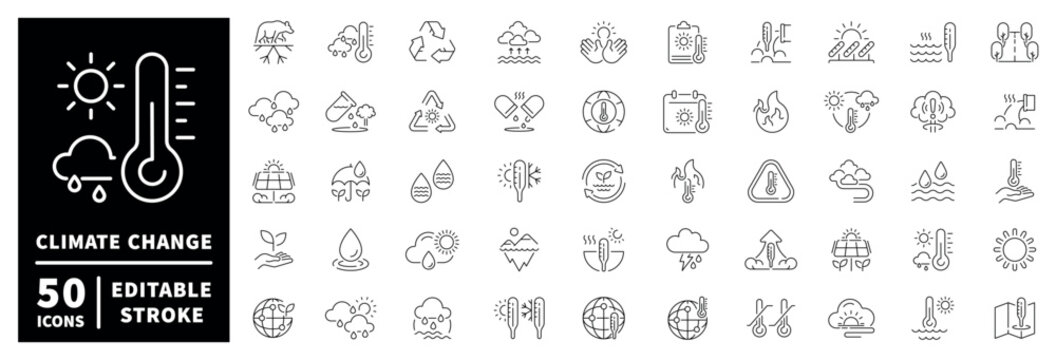 Climate change icon set: 50 outline icons with editable stroke in thin line style