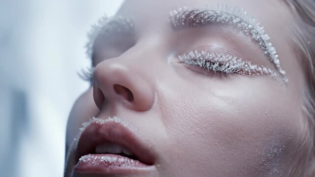 Woman with frosty face exhales in cold air. Ice crystals on skin and breath visible as steam. Winter survival and beauty in harsh weather concept.