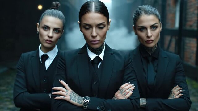 Three identical women in sharp black suits, embodying unity and strength, a powerful professional team, with serious determined expressions, dark urban setting