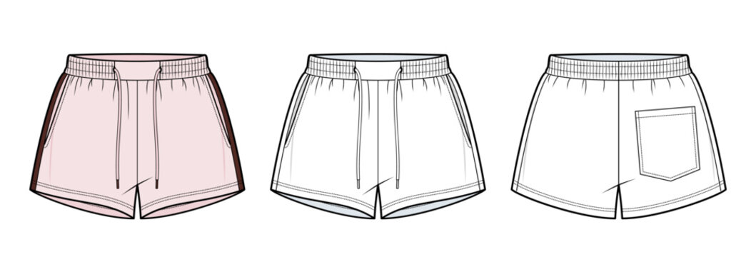 Sporty Drawstring Shorts. Men's and Women's Athletic Shorts Technical Flat Sketch - Elastic Waistband with Drawcord and Back Patch Pocket Vector Template. Front and back view CAD Mockup set.