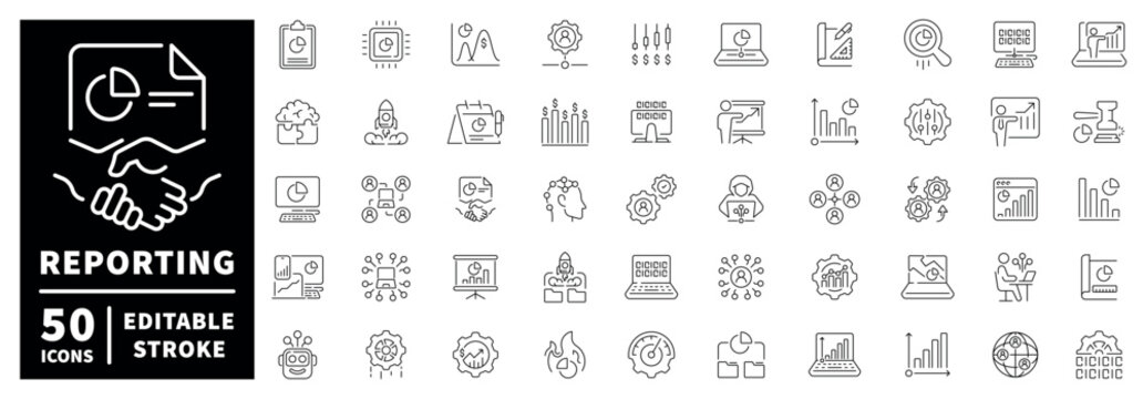 Reporting outline icon set: editable stroke thin line style for data, analytics, and business tools
