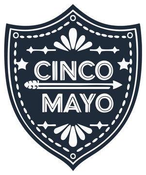 Cinco Mayo celebration shield with traditional folk art patterns and decorative text